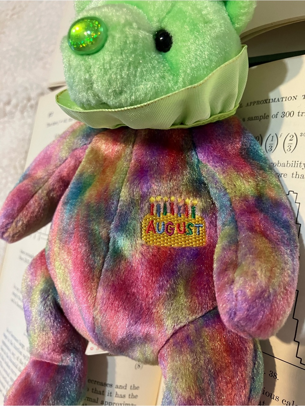 Ty August Plush Birthday Bear - Green Head with Multicolor Body